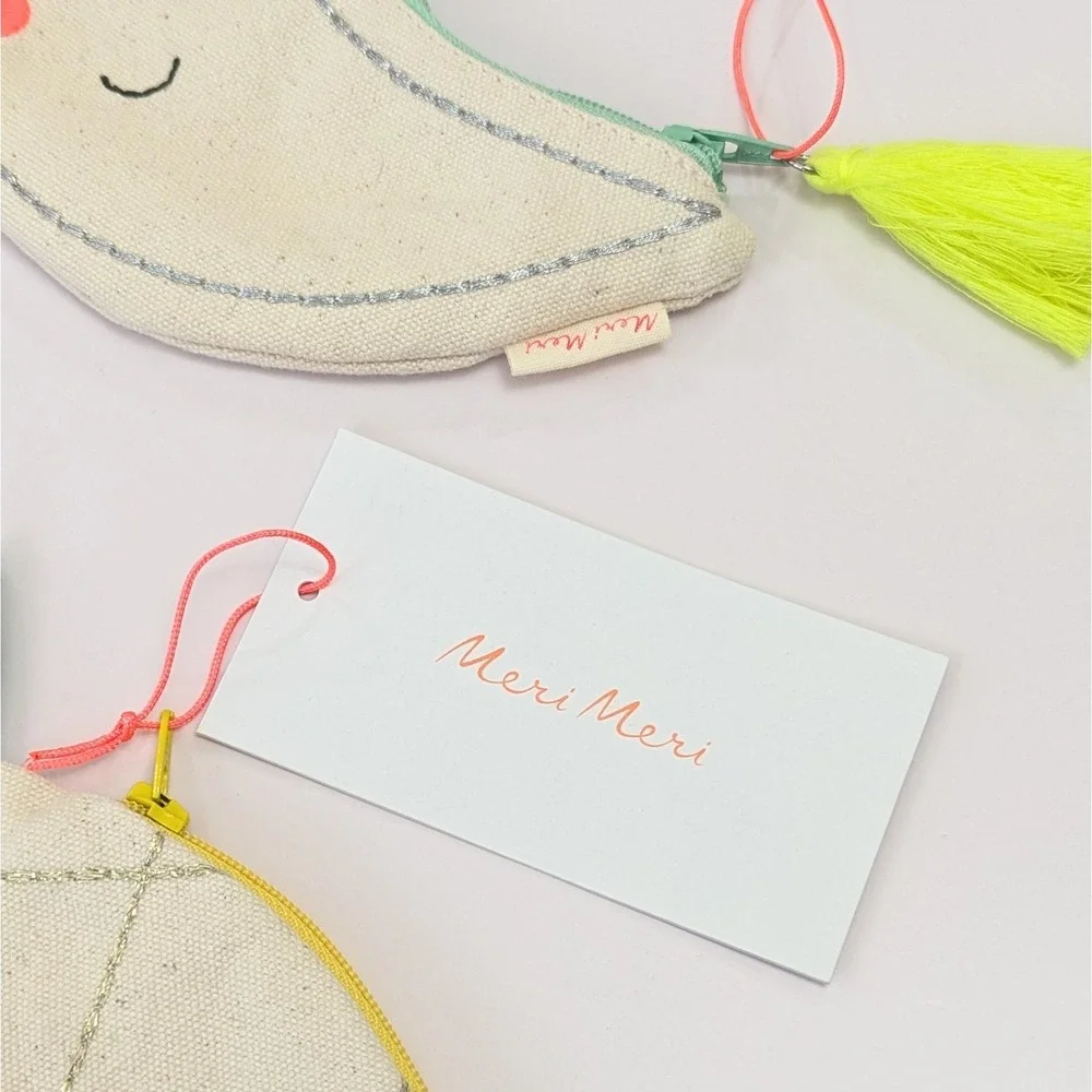 Meri Meri Coin Purse Lot Moon & Pineapple Shape Canvas Embroidered Zipper Pouch